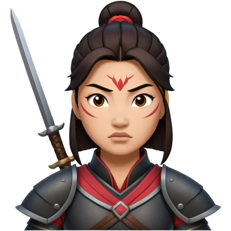 mean looking Hun warrior inspired by Mulan, fierce expression, dark armor, intimidating stance emoji