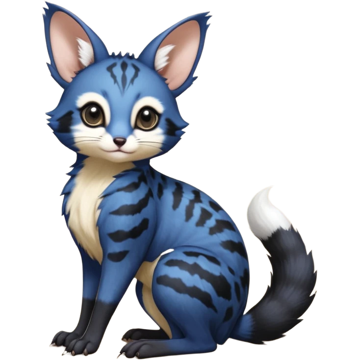 Dark-cobalt-blue, black-pointed, soft realistic romantic vintage antique divine beautiful elegant pretty precious cute young youthful  Fakémon-Pokémon-alien-opossum-squirrel-feline-serval-caracal-chinchilla-Minccino-Cinccino-Meowstic-rodent-hybrid-creature with a big fluffy bushy tail (full body) emoji