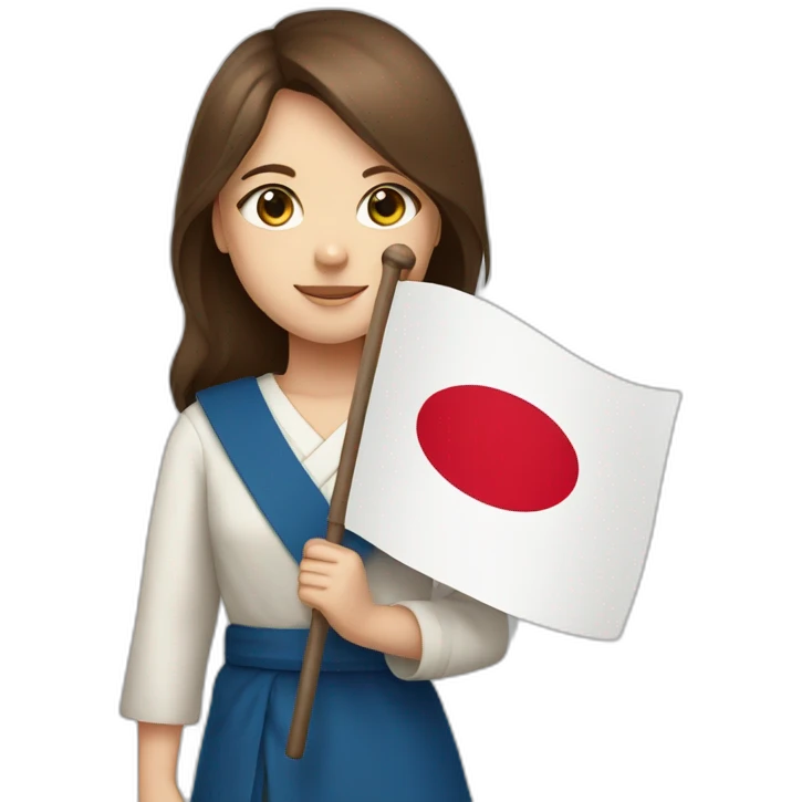 Girl with brown hair and blue eyes holding the flag of Japan emoji