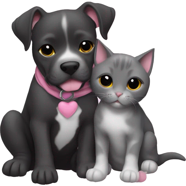 Grey pitbull puppy and black cat cuddling with pink hearts  emoji