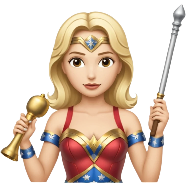 Blonde Wonder Woman holding short white orchestra conductor’s baton and bell emoji