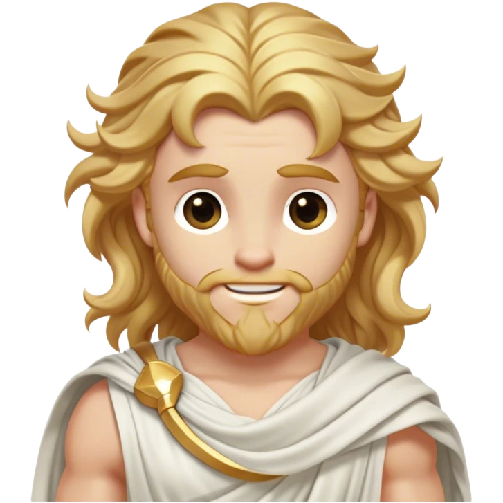 Cinematic Realistic Thor Portrait, head tilted playfully and inquisitively, showcasing his classical Greek god allure with a relaxed, yet commanding presence. His fair, radiant skin and flowing, wavy golden hair are highlighted by a gentle smile and twinkling, approachable eyes. Clad in a gracefully draped white toga with subtle golden embellishments, he exudes a lighthearted yet powerful charm under soft, natural lighting. emoji