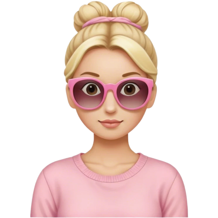 Blonde lady with her hair in a bun working with soft pink clothes and sun glasses emoji