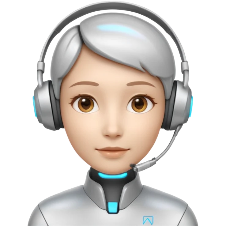 AI Call Agent holo-human-like Cyber AI face, warm, calm and friendly. Holographic look.Soft AI face with a listening, welcoming expression, minimal facial lines, calm eyes. Light headset. emoji