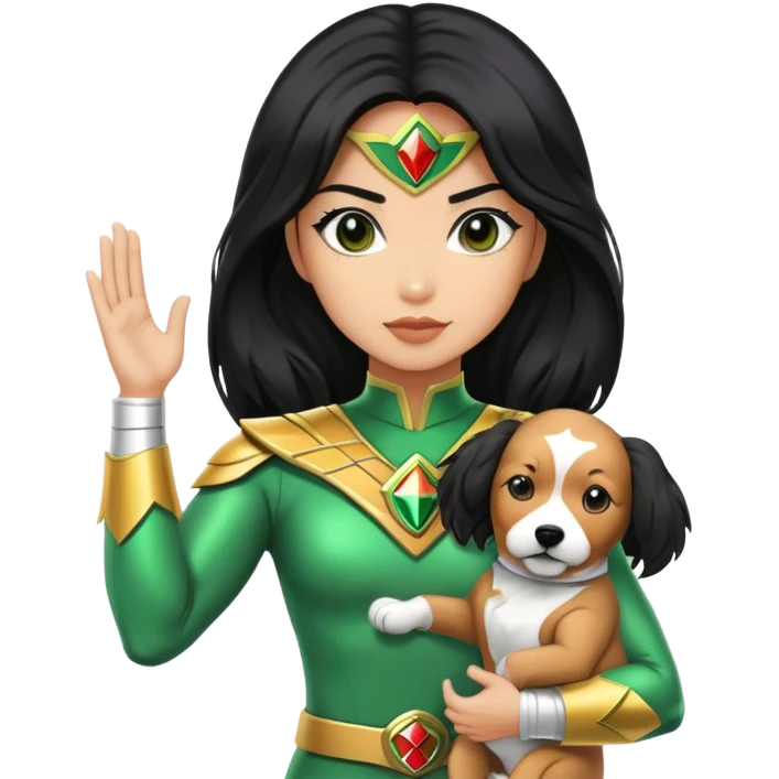 green power ranger wasian woman with long black hair and a cockapoo dog emoji