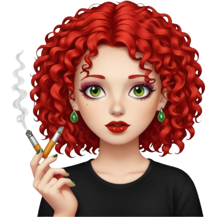 bright red curly hair alt girl with makeup and piercings smoking weed emoji