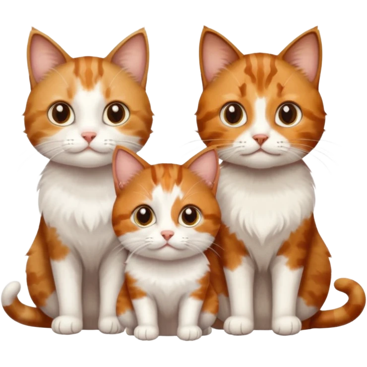 3 small cats each are different colours including a brown tabby and white, a patchy calico, and a ginger and white emoji