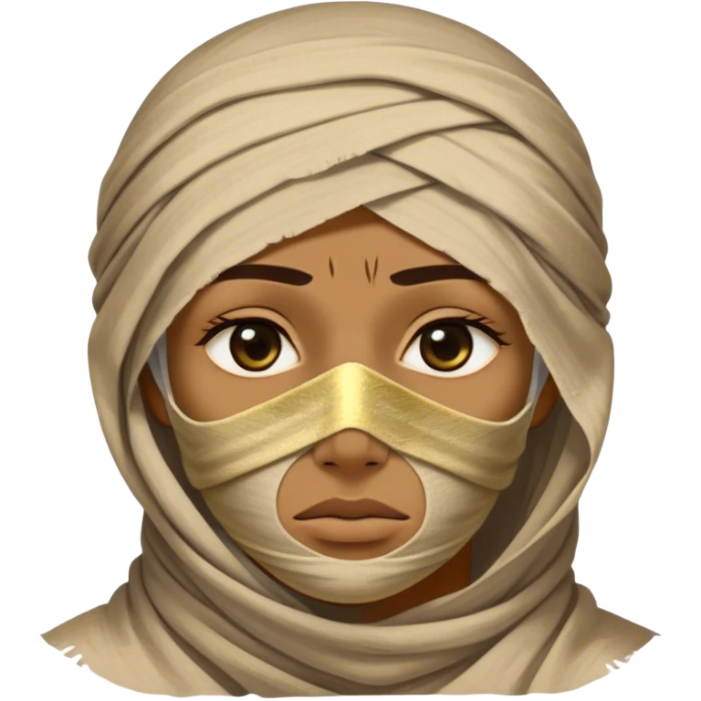 Regal and timeless, fully wrapped in meticulously aged bandages, even its face veiled in layers of ancient cloth with only faint glimpses of deep, solemn eyes peering through, adorned with faded gold accents, exuding an air of forgotten majesty and solemn duty, highly detailed, softly glowing, evoking the dignified mystery of an eternal guardian watching over lost secrets! emoji