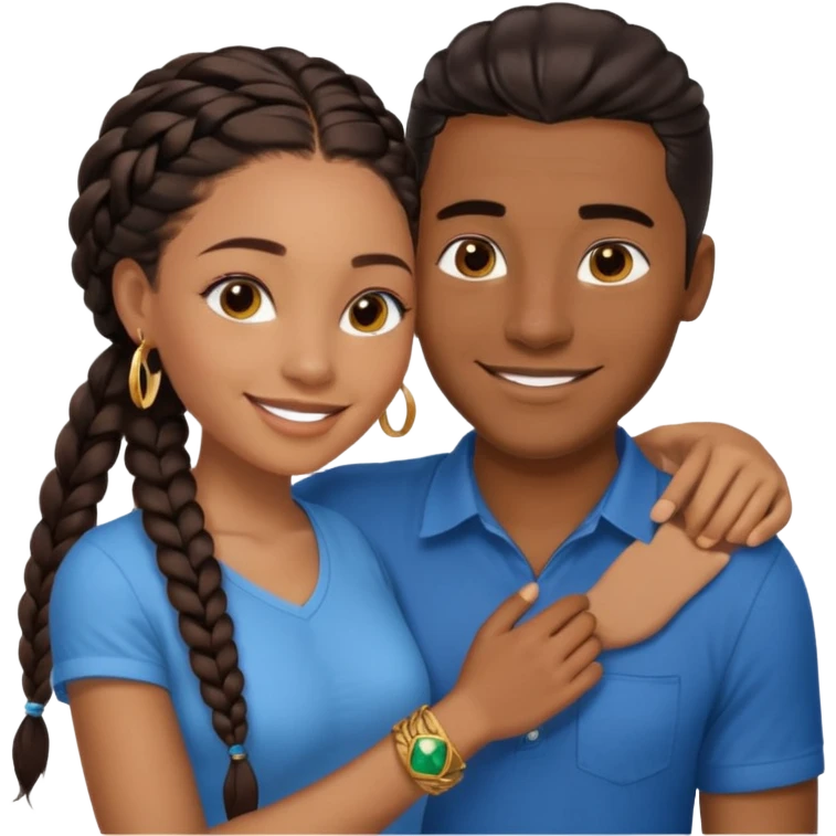 smiling embracing interracial couple. dark ebony woman with long braided hair and jewelry. brazillian man short hair wearing blue. emoji