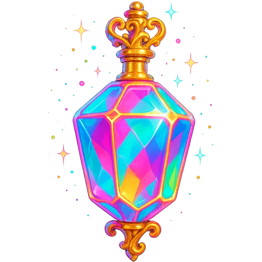 luxurious crystal elixir bottle in colorful chewing gum style, bright colors, lots of glow, edges, ornaments, golden details, magical effects, very small golden neck, transparent background, beautiful connected bottom, clearly floating in air, no base or shadow, premium class impression, playful, colorful, matching a collection of crystal, luxurious, magical bottles emoji