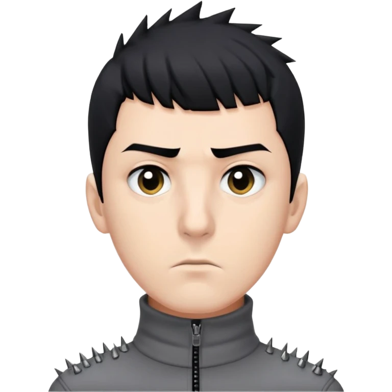 Es hombre, tiene piel clara, pupilas de color negro. Ojos rasgados, nariz tipo botoncito y pequeña. Cabello negro con varios picos y flequillo que cubra su frente. Además de que este serio. Utilizando una camisa gris de cuello alto, cerrada y cierre negro. emoji