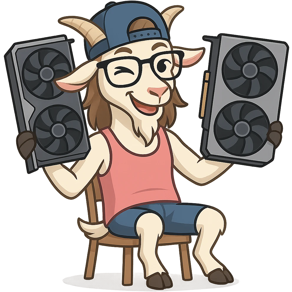 goat for Telegram stickers inspired by reference https://attic.sh/feoducyurkpqwz0la088soao98sx: wearing a cap, glasses, mullet hairstyle, pink drunkard tank top, sitting on a chair, holding a large video card in each hand at shoulder level, winking, pose like in the photo, clean lines, soft gradients. transparent background emoji