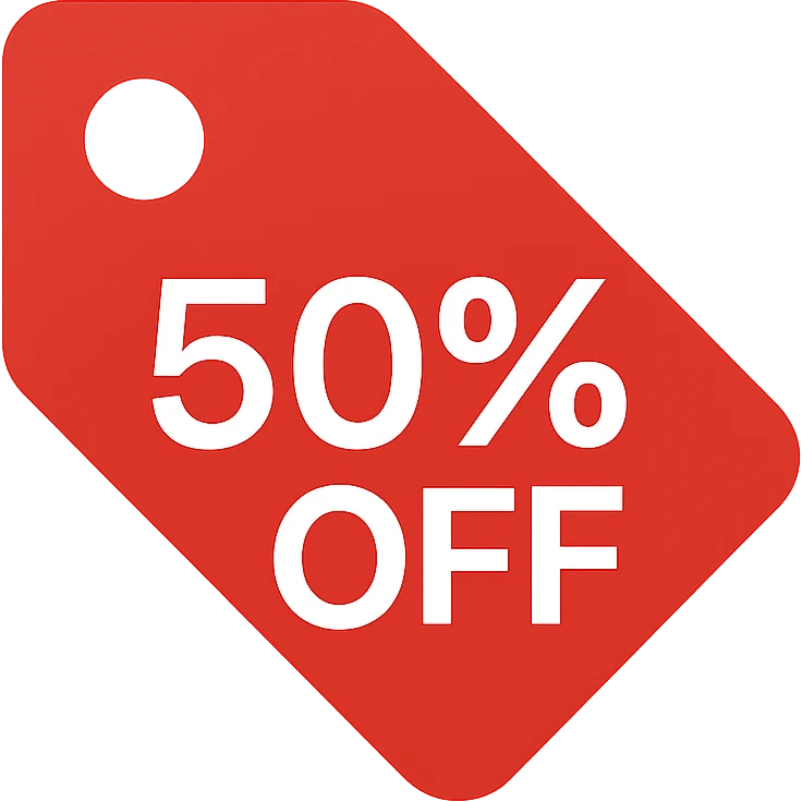 sleek '50% OFF' tag with red background and white text, minimal and professional emoji