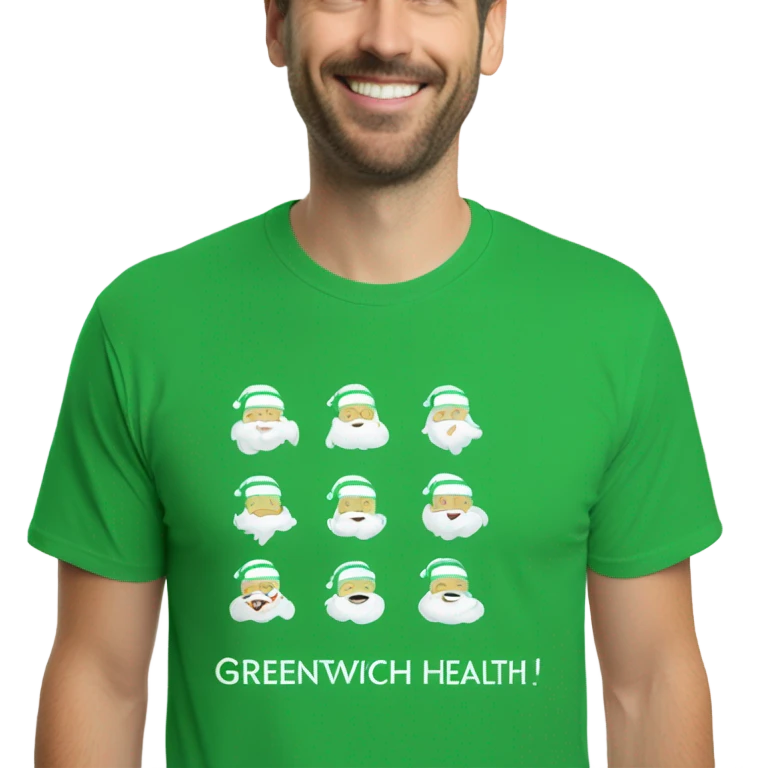 Santa wearing green t shirt. T s-shirt has words ‘Greenwich Health’ written in white letters  emoji