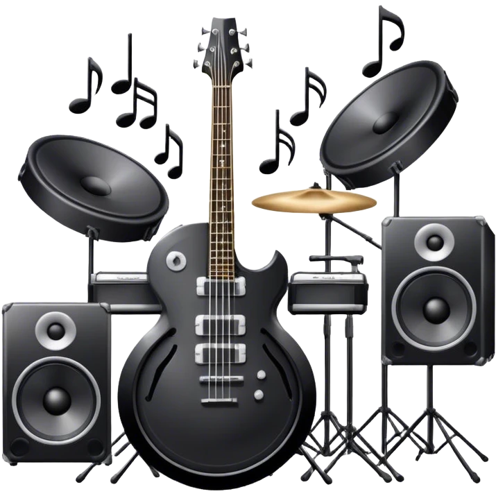 Icon for R&B Music Listening: large concert speakers with waves of musical notes coming out, along with a bass guitar, drum kit, and synthesizer. The icon should convey the energetic and rhythmic vibe of R&B music. Transparent background. emoji