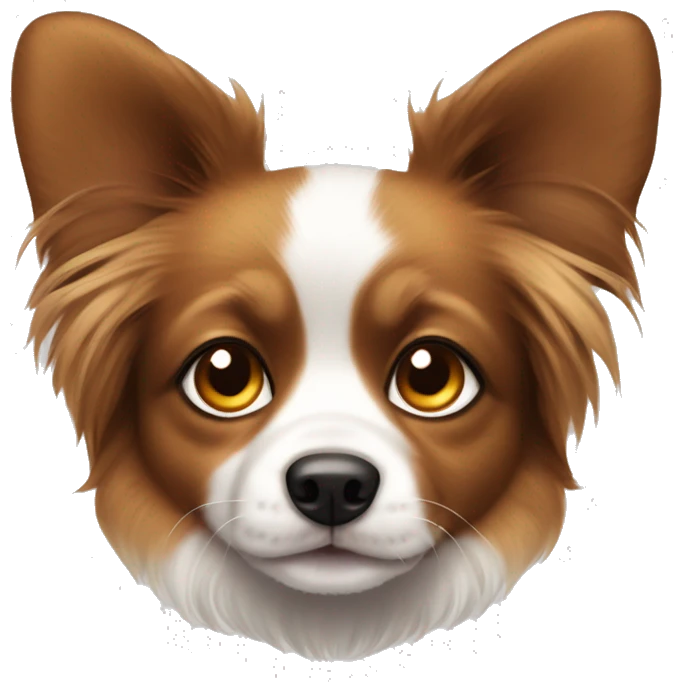 White and brown dog with honey-colored eyes and furry ears, papillon, puppy emoji