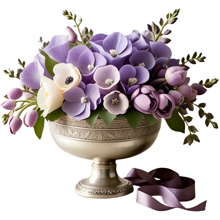 A carefully arranged bouquet of soft purple sweet peas, blush-toned lilacs, and ivory-tipped anemones, tied with a hand-dyed mauve ribbon, rests inside a tarnished silver bowl with intricate engravings. The subtle shimmer of the pearl-colored floral lace wrapped around the stems contrasts beautifully with the deep, velvety petals, evoking a sense of quiet, vintage romance.
 emoji