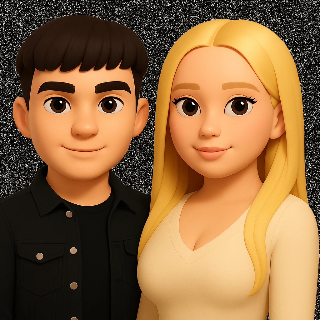 Slightly increase the volume of the upper body of the girl, slightly turn her to face forward, and make the skin color uniform. Maintain the cartoonish 3D style as in the reference image. emoji