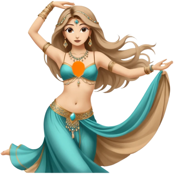 Belly dancer icon in artistic sketch style, drawn with sepia and soft pastel strokes, delicate lines and warm tones. Minimal background, graceful pose with one arm raised, flowing hair and fabric, elegant and expressive. emoji