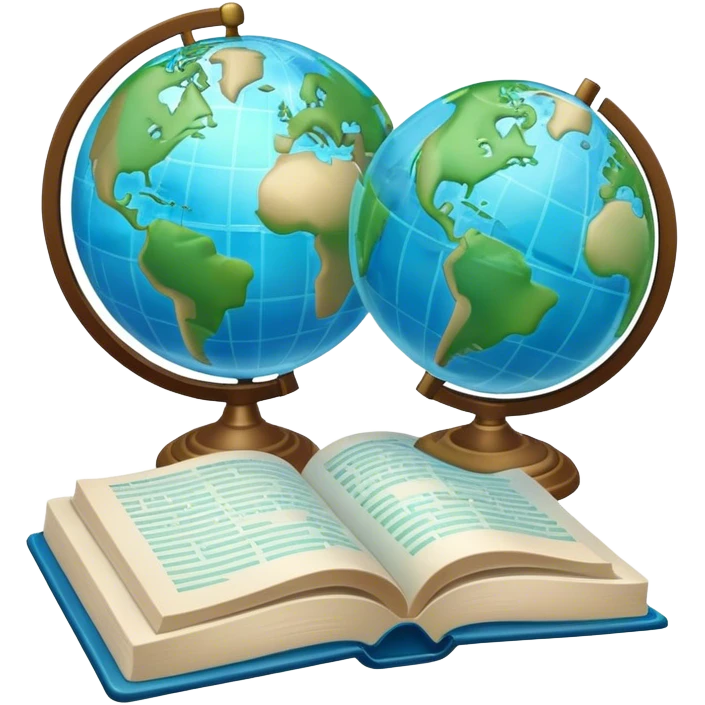Create an emoji representing language translation. The design should feature just one globe in the background, symbolizing international communication. In front of the globe, place two opened books with texts on them and a pen nearby to indicate the act of writing. Use a clean and professional color palette with blues, greens, and neutral tones. Make the background transparent. emoji