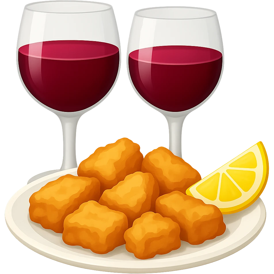 Replace the food with 'cazón en adobo' (marinated fried dogfish), a typical tapa from southern Spain, served with a drink, in emoji style with transparent background. emoji