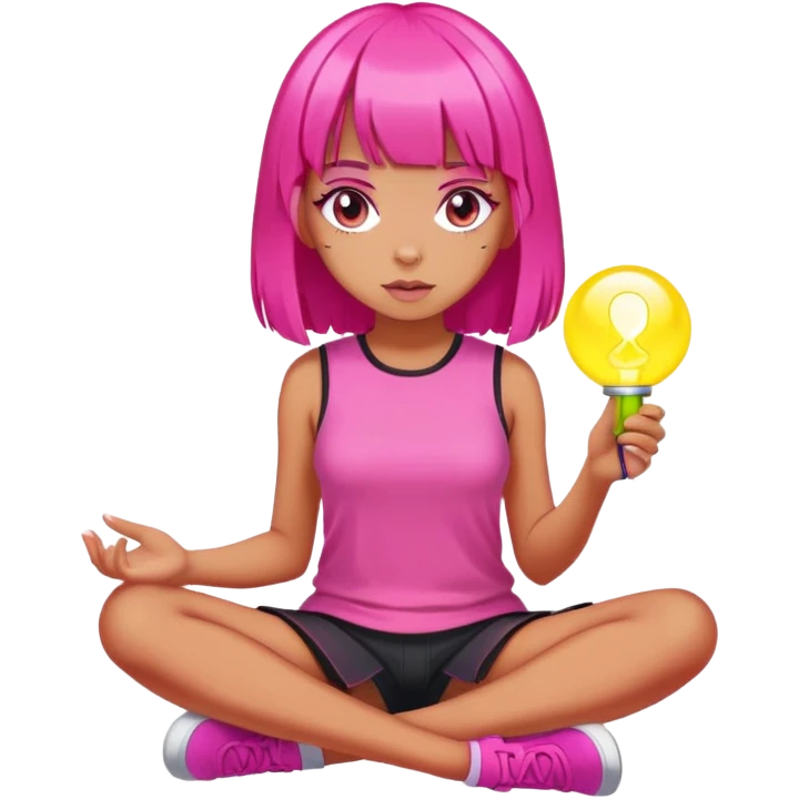 tanned girl with hot pink hair with blunt bangs sitting on the ground with a glowing object in her hand emoji
