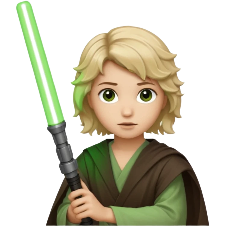 Young jedi with sandy blonde wavy short hair holding a green light saber, he has dark brown eyes emoji