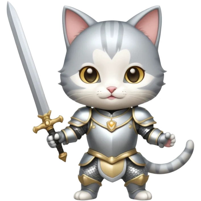 baby chibi cat in silver armor, full body, smile, hold sword emoji