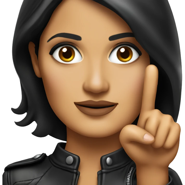 Salma Hayek wearing leather jacket, pointing forward with her pointer finger emoji