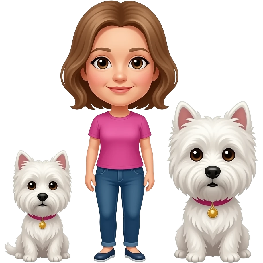 Middle age woman brown eyes , shoulder length light brown hair, with a female westie and a male westie emoji