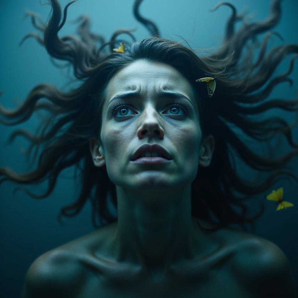 A hyperrealistic 4K image of a woman floating with hair like a storm, chains of anxiety squeezing her tightly, wide anxious eyes, butterflies barely visible, cold blue light, atmosphere of intense anxiety. emoji