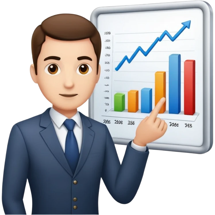 Professional leader with chart showing growth, presenting to team emoji