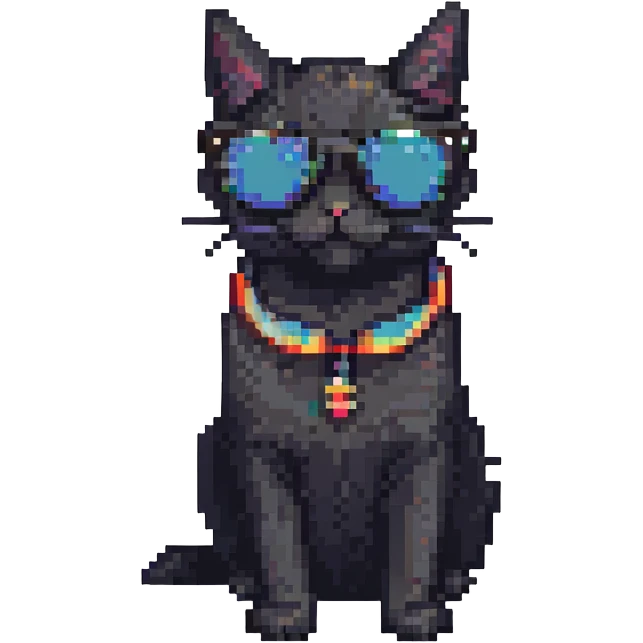 Make the cat black while keeping the sunglasses, in pixel art style with no background. emoji