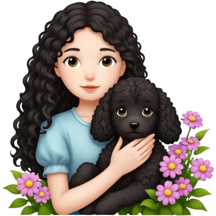 A long-haired girl is holding a black curly-haired teddy dog ​​in the flowers emoji