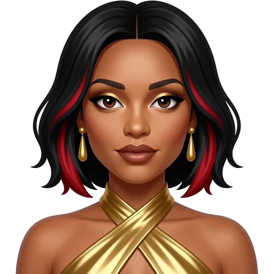 Kelly Rowland from Destiny's Child with dark brown eyes, long black short hair with red highlights, gold eyeshadow, bronze lipstick, gold metallic halter dress, gold earrings emoji