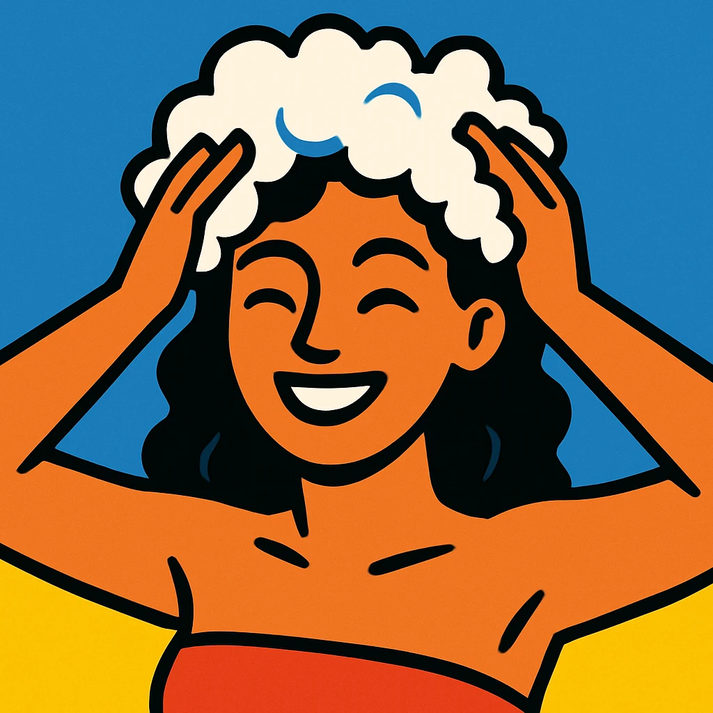 woman with shampoo foam in hair, smiling, minimal background, vibrant colors emoji