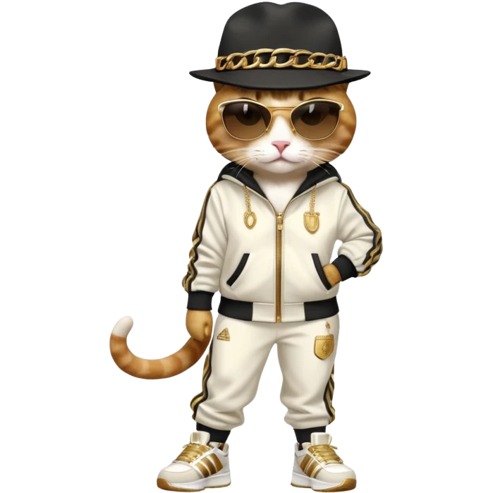 female cat dressed like Run DMC, tracksuit, fedora, gold chains, Adidas shoes, dark sunglasses, upright pose emoji