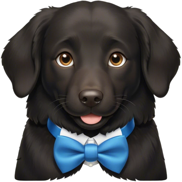 Black, flat-coated retriever, smooth fur with subtly fluffy ears, smiling face, blue bow tie collar, brown eyes  emoji