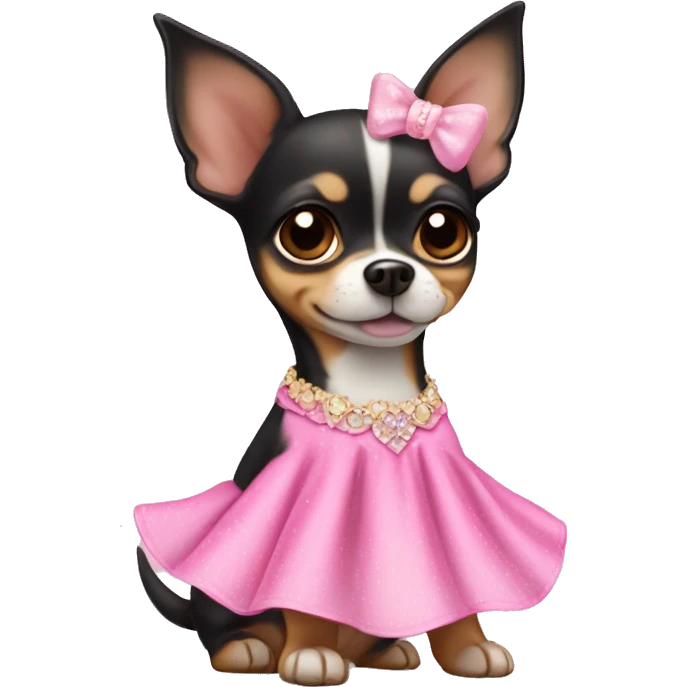 black & tan chihuahua puppy wearing a pink princess dress emoji