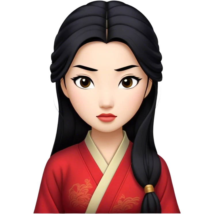 Cinematic Realistic Mulan Portrait, depicted with lifelike skin texture, soft natural lighting, and intricately detailed long black hair styled elegantly. Her deep, expressive eyes exude determination and grace, complemented by a serene yet confident expression. She is dressed in her classic attire, with rich fabric textures and delicate folds that catch the light beautifully. The portrait features a soft, enchanting glow with a natural, radiant finish, capturing the essence of timeless strength and beauty in a realistic and painterly style, evoking a sense of depth and authenticity. emoji