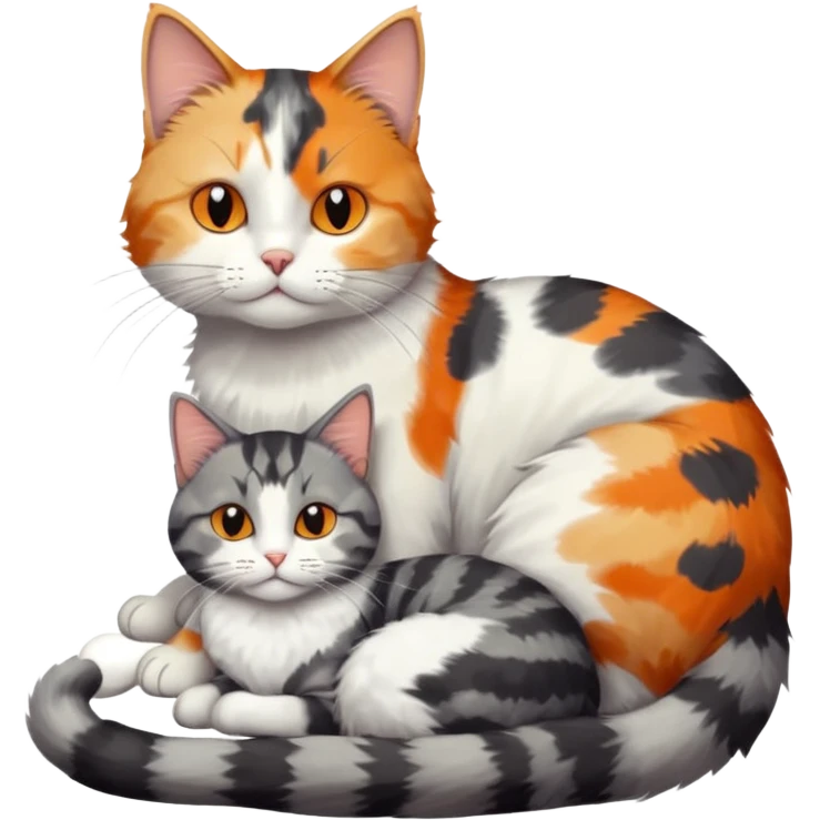 full body colourful light patched calico + white tabby cat cuddling a grey and white cat  emoji