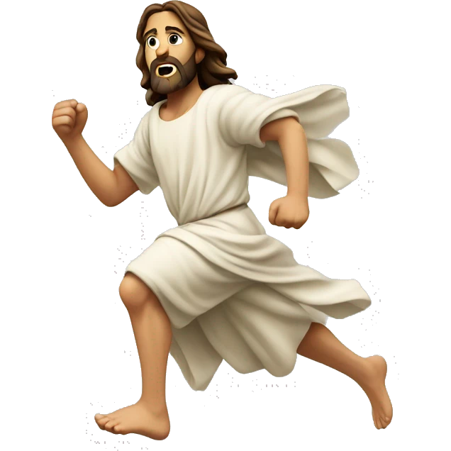 Jesus running quickly, focused face, with a large stride emoji