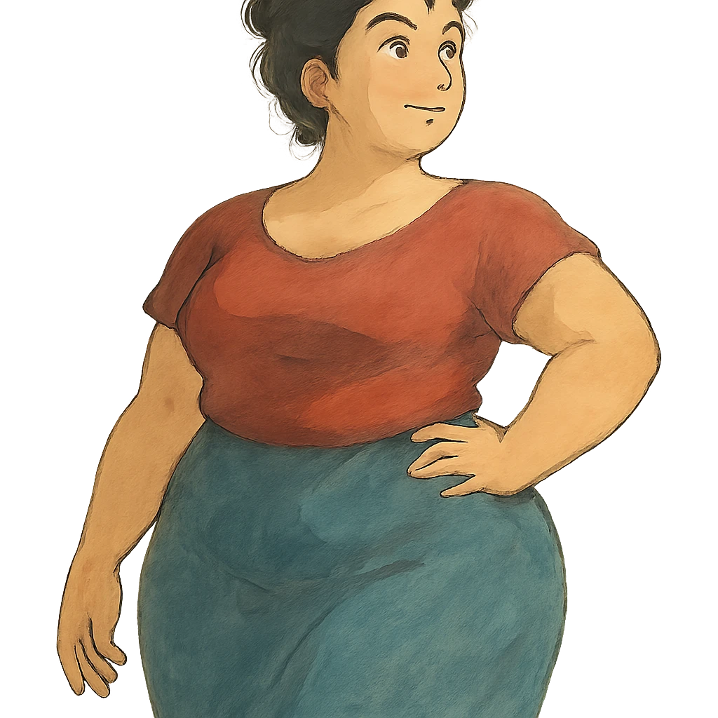 ghibli style soft and artistic illustration of a confident woman with a curvy figure emoji