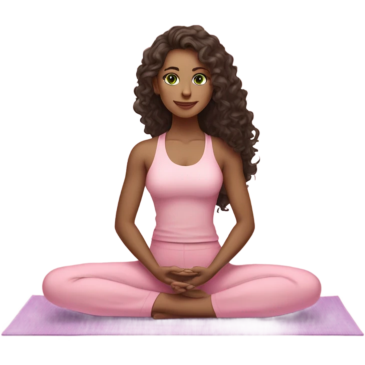 Dark brown long curly hair and green eyes yoga beautiful young woman in light pink pink pink clothes sitting on a yoga mat emoji