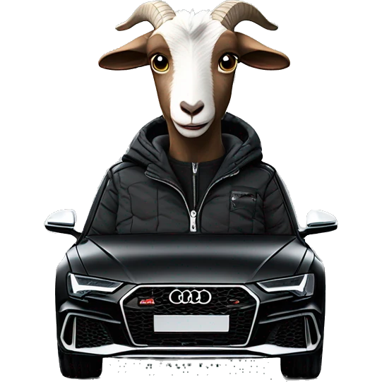 goat in black puffy jacket driving black 2023 Audi RS6 emoji