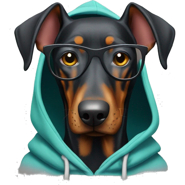 Doberman wearing glasses and hoodie emoji
