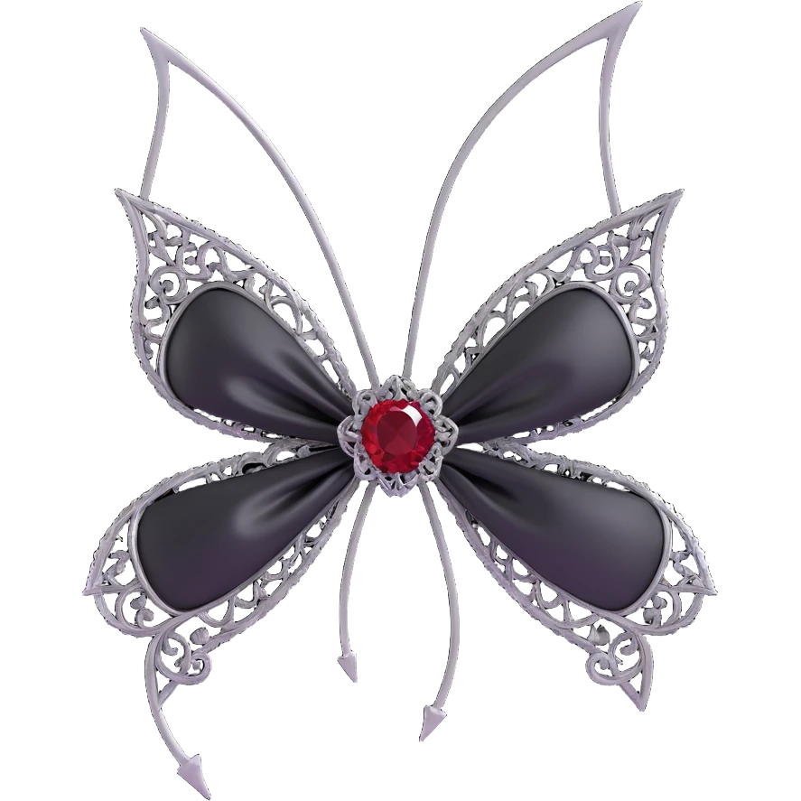 gothic bow, black satin, silver filigree, deep red gemstone, dramatic and ornate emoji