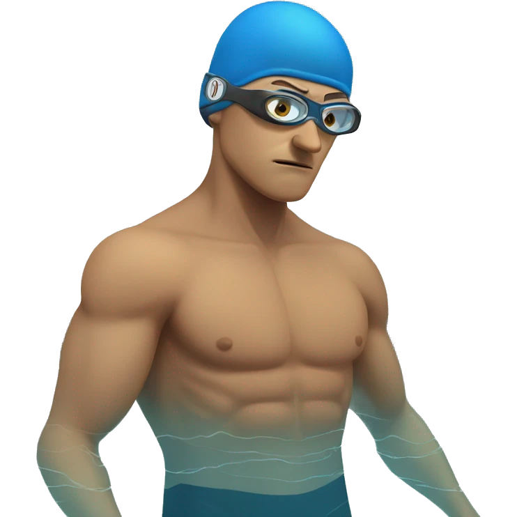 Swimmer in bad mood and very tired. Swimmer is in the swimming pool. He has swimming cap and swimming goggles. His face should show his bad mood emoji