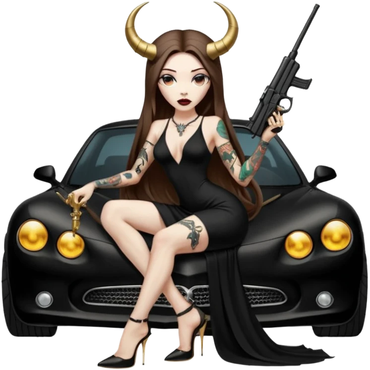 Sensual woman long brown straight haired sexy drug lord woman with tattoos on arm sleeves and black thick butt platform high heels on her feet, and devil black horns on her head, she is holding a skull head and a gun. Sitting on gold car full of gold , long black dress with sexy slit emoji