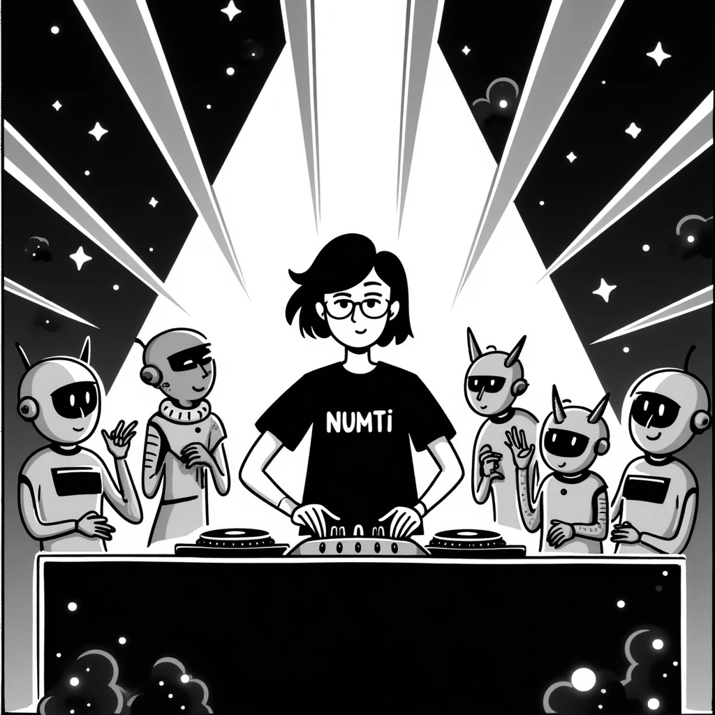 vibrant robot party scene with humanoid robot DJ in a black t-shirt with glowing 'NUMTI' text, DJ booth surrounded by neon lights, lasers, and smoke, metallic robots dancing and holographic displays creating an immersive, creative atmosphere emoji
